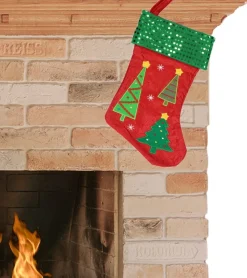 Merkloos Kerstsokken>Kerstsok - Rood Met Groen - H45 Cm - Jute- Met Kerstbomen En Glitter