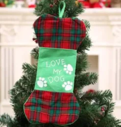 ’merkloos’ Kerstsokken>Kerstsok Voor Honden "Love My Dog" - 45 Cm - Rood Groen Geruit