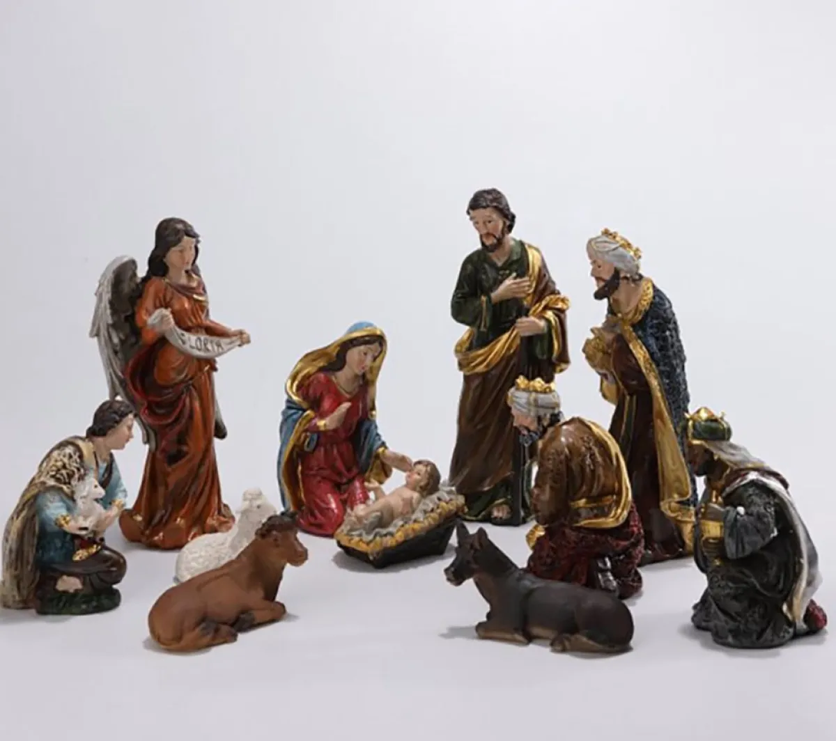 Merkloos Kerststallen>Kerststal - 30 Cm Kerstfiguren - 11 Beeldjes - Kerstdecoratie - Maria - Jesus - Joseph - Wijze Mannen - Dieren - Bijbel - Polystone
