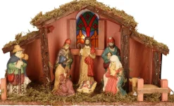 Merkloos Kerststallen>Kerststal Met Verlichting En 8 Figuren 39 X 14 X 23 Cm