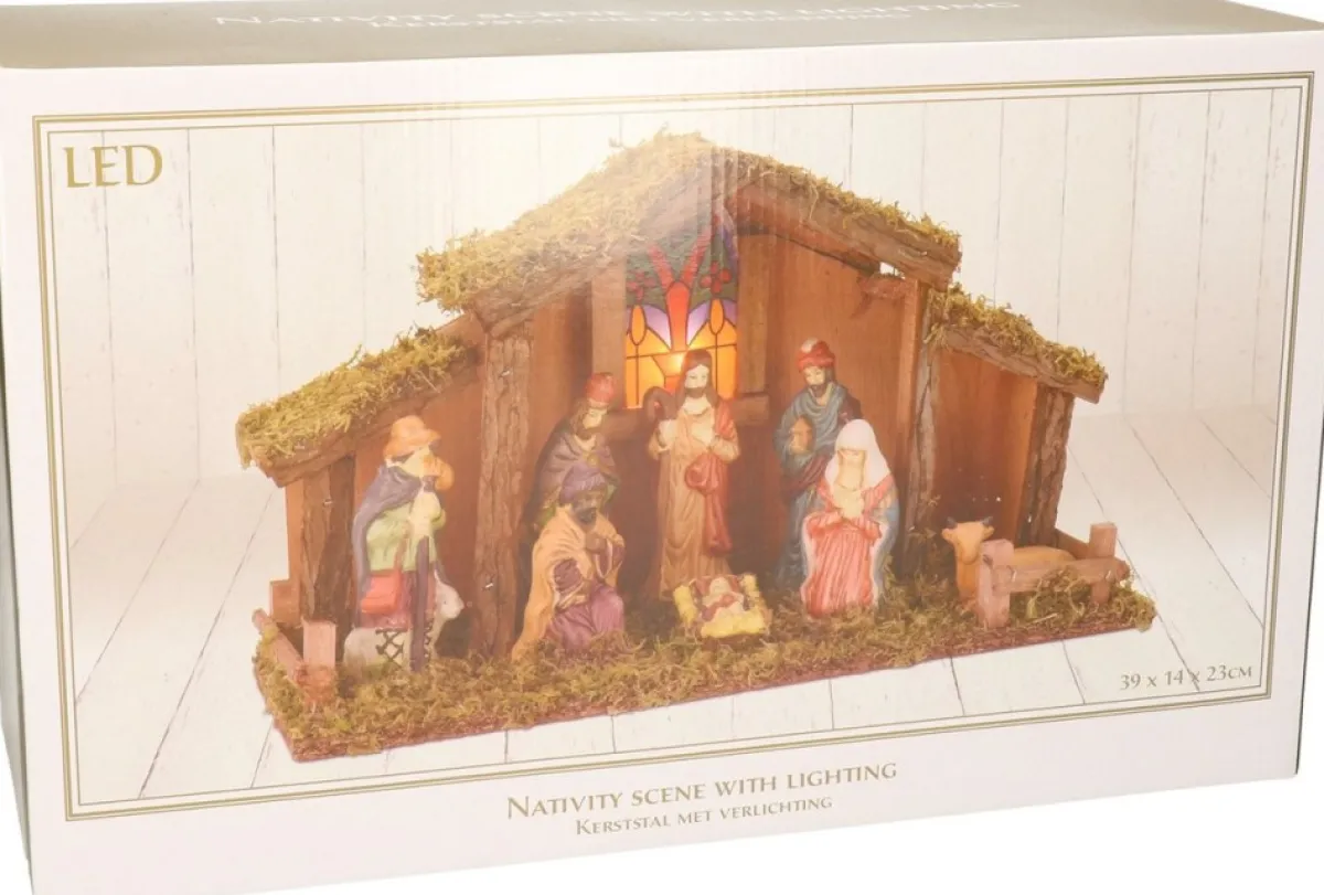 Merkloos Kerststallen>Kerststal Met Verlichting En 8 Figuren 39 X 14 X 23 Cm