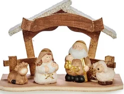 Krist+ Kerststallen>Kerststal Set Keramisch Gouden Hout Bruin Wit (8,5 X 15,5 X 21,5 Cm)