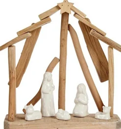 Krist+ Kerststallen>Kerststal Set Keramisch Natuurlijk Hout Wit (25 X 28 X 10 Cm)