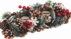 Naturn Christmas Kerststukjes>Kerststuk Theelicht Houder - Dennenappels En Sneeuwvlokken | 31 Cm / 2L | Decoratief Kerststuk Gemaakt Uit Natuurlijke Materialen En Voorzien Van Twee Waxinehouders | Kerst Decoratie | Rood