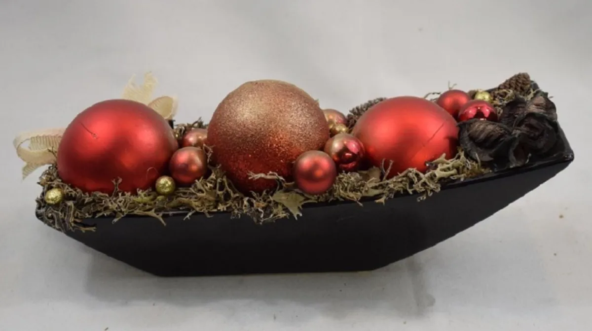 ZoeZo Design Kerststukjes>Kerststukje In Zwart Aardewerk Schaaltje, Rood/Goud, L 24 Cm, H 10 Cm, Br 9 Cm