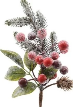 Merkloos Kerststukjes>Kerststukje Stekertje Met Bessen En Sneeuw Groen/Rood 20 Cm