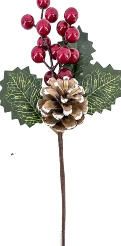 Gerim Kerststukjes>Kerststukje Stekertje Met Bessen En Hulst Groen/Rood 21 Cm - Versieren Van Kerstkrans/Stukjes