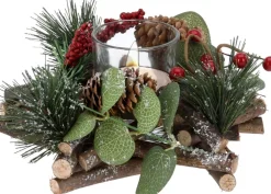 Merkloos Kerststukjes>Kerststukje Stervorm Met Theelichthouder En Decoratie 17 X 8 Cm Kerst Tafeldecoratie - Kerstversiering/Kerstdecoratie