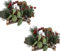 Merkloos Kerststukjes>Kerststukje Stervorm Met Theelichthouder En Decoratie 17 X 8 Cm Kerst Tafeldecoratie - Kerstversiering/Kerstdecoratie