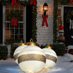 Family Christmas Kerstverlichting Buiten Op Batterijen - Opblaasbare Reuze Kerstbal Verlicht 60 Cm - Wit/Bruin - Rgb Kleuren + Afstandsbediening New