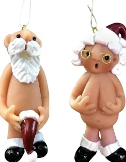 Merkloos Kerstboomversieringen>Kerstversiering 5 Cm | Opa Oma Kado | Blote Kerstman En Blote Kerstvrouw | Kerstornament | Cadeau