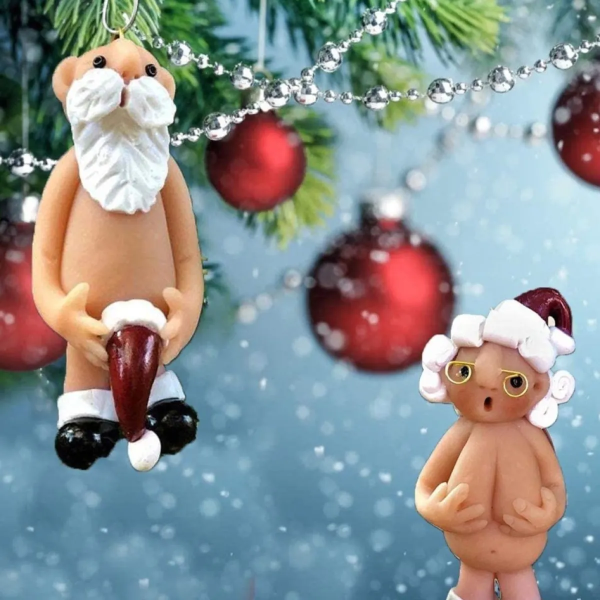 Merkloos Kerstboomversieringen>Kerstversiering 5 Cm | Opa Oma Kado | Blote Kerstman En Blote Kerstvrouw | Kerstornament | Cadeau