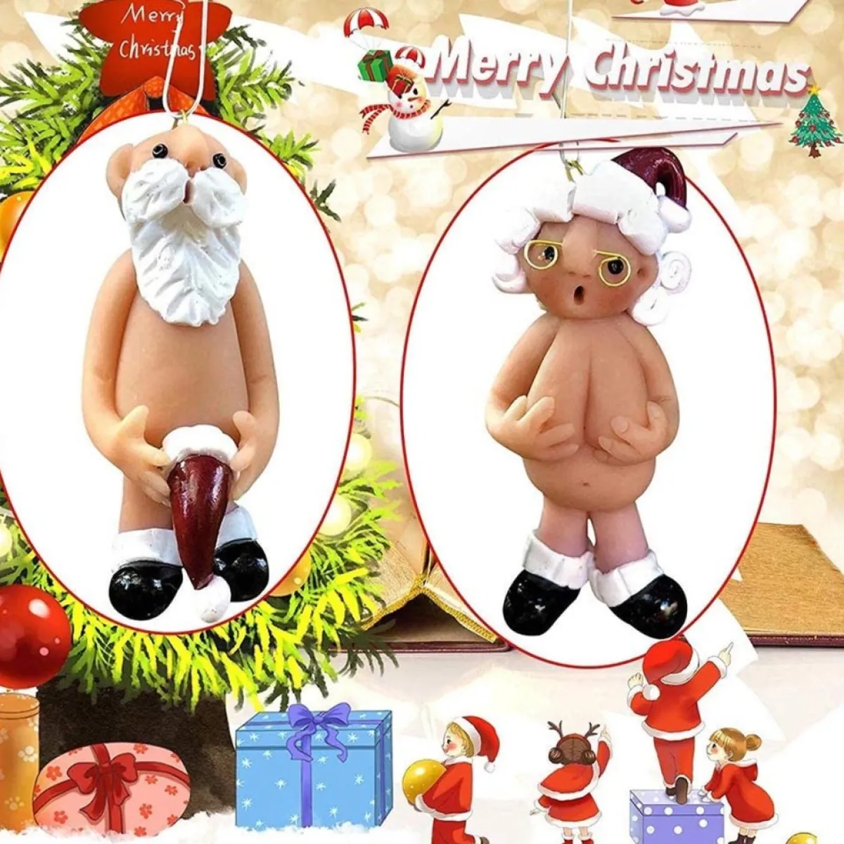 Merkloos Kerstboomversieringen>Kerstversiering 5 Cm | Opa Oma Kado | Blote Kerstman En Blote Kerstvrouw | Kerstornament | Cadeau