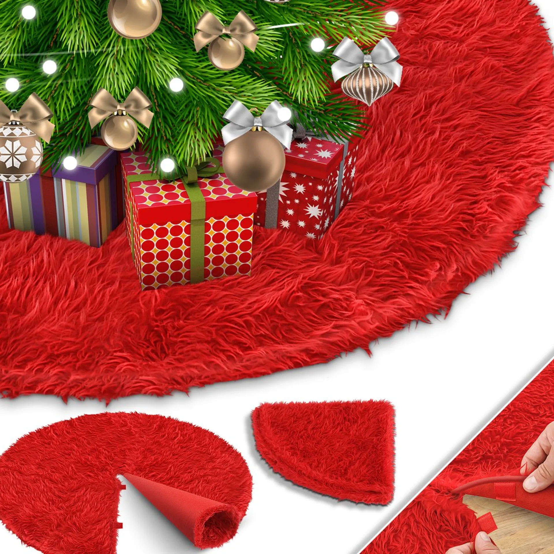 Kesser ® Kerstboomrok Kerstboomkleed Imitatiebont Rond Kerstboom Tapijt Vilt Pluche Voor Sneeuw Decoratie Versieringen Rood - O 90 Cm Shop