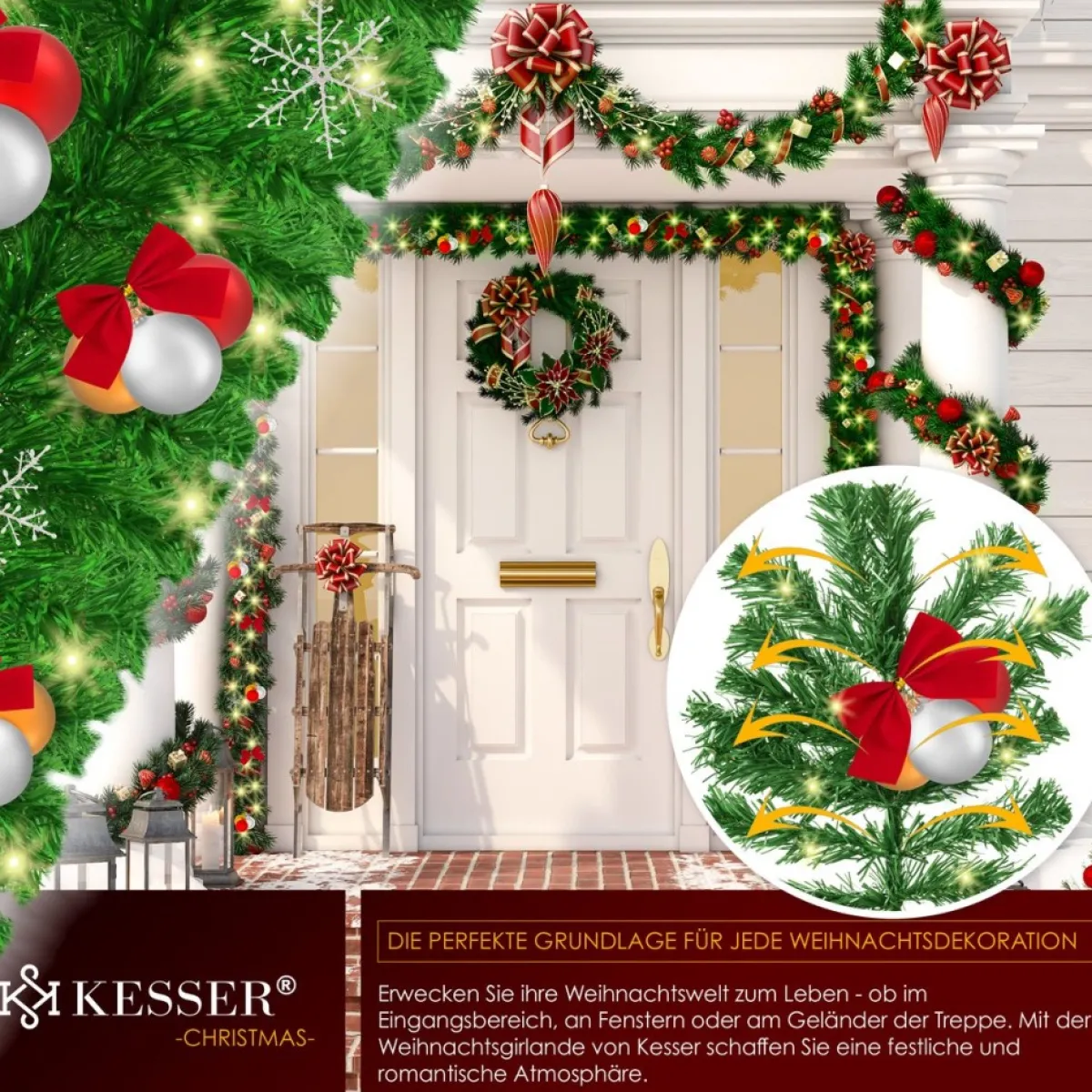 Kesser Guirlandes>® Kerstslinger | Guirlande Met 100 Led's Warmwit Lampjes - Kerstversiering, Kerstguirlande Led Verlichting Voor Kerstboom En Binnen & Buiten, Kerstverlichting Slinger Voor Kerstmis - Groen, 5M / 100 Leds Met Afstandsbediening