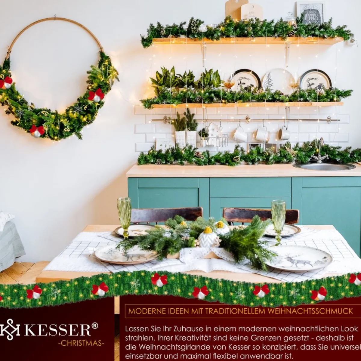 Kesser Guirlandes>® Kerstslinger | Guirlande Met 100 Led's Warmwit Lampjes - Kerstversiering, Kerstguirlande Led Verlichting Voor Kerstboom En Binnen & Buiten, Kerstverlichting Slinger Voor Kerstmis - Groen, 5M / 100 Leds Met Afstandsbediening