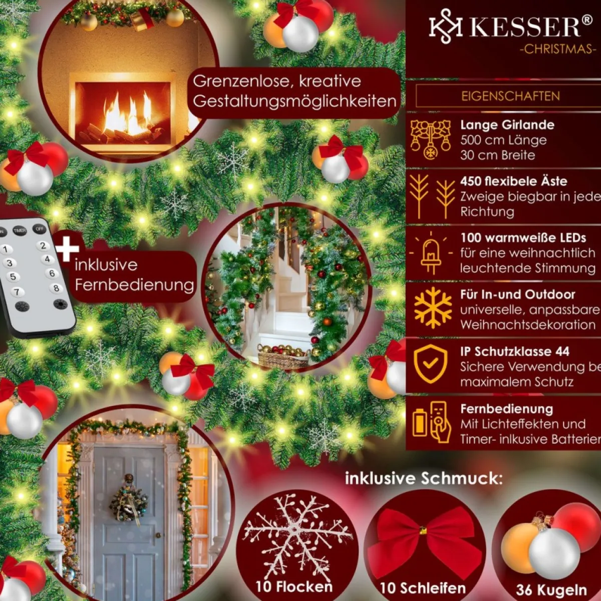 Kesser Guirlandes>® Kerstslinger | Guirlande Met 100 Led's Warmwit Lampjes - Kerstversiering, Kerstguirlande Led Verlichting Voor Kerstboom En Binnen & Buiten, Kerstverlichting Slinger Voor Kerstmis - Groen, 5M / 100 Leds Met Afstandsbediening