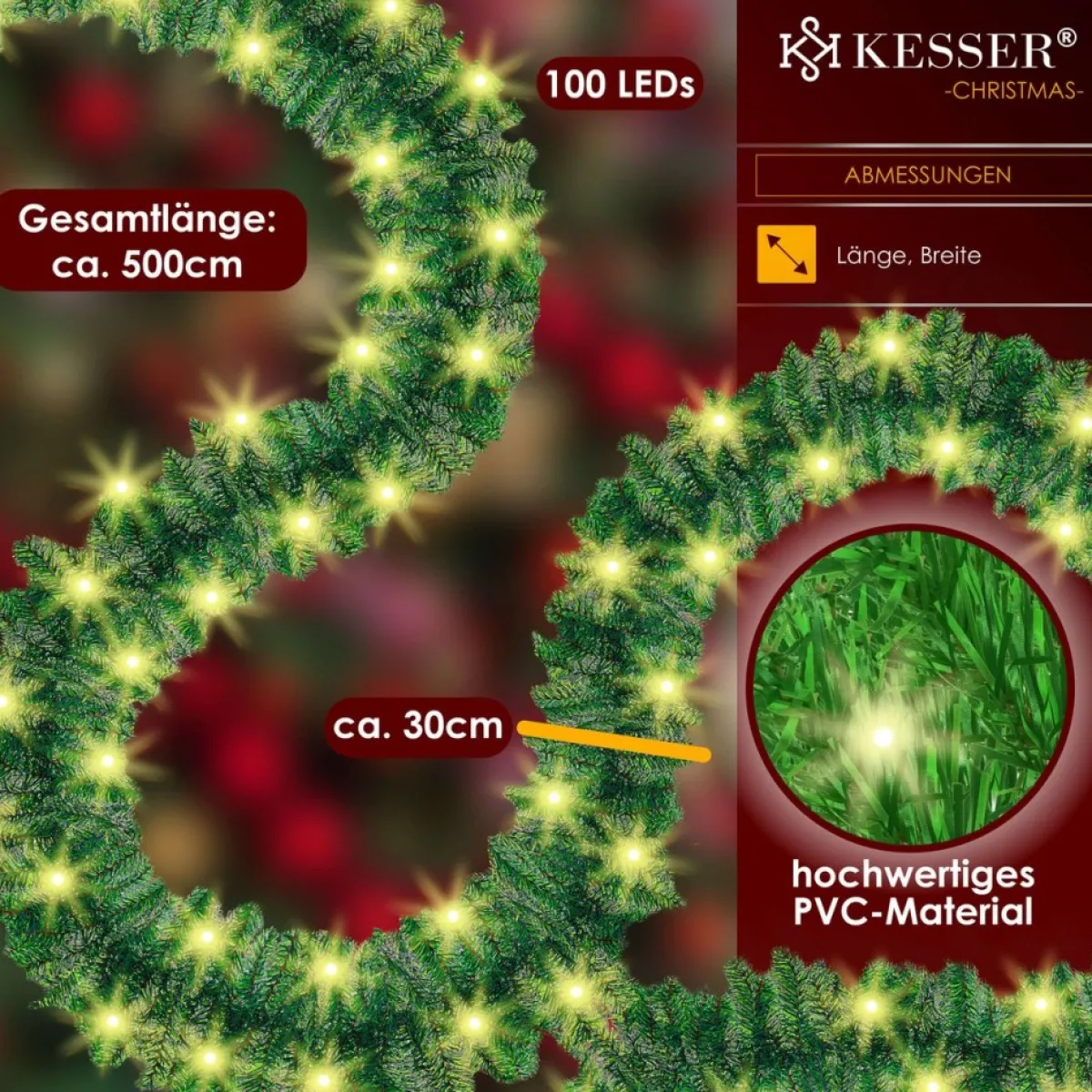 Kesser Guirlandes>® Kerstslinger | Guirlande Met 100 Led's Warmwit Lampjes - Kerstversiering, Kerstguirlande Led Verlichting Voor Kerstboom En Binnen & Buiten, Kerstverlichting Slinger Voor Kerstmis - Groen, 5M / 100 Leds