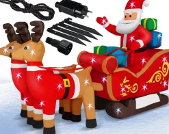 Kesser Kerstbeelden>® Opblaasbare Kerstman Met Slee Xl Led Verlicht - Kerstman Pop Met Rendier Kerstverlichting Incl. Bevestigingsmateriaal Kerstversiering Kerstdecoratie