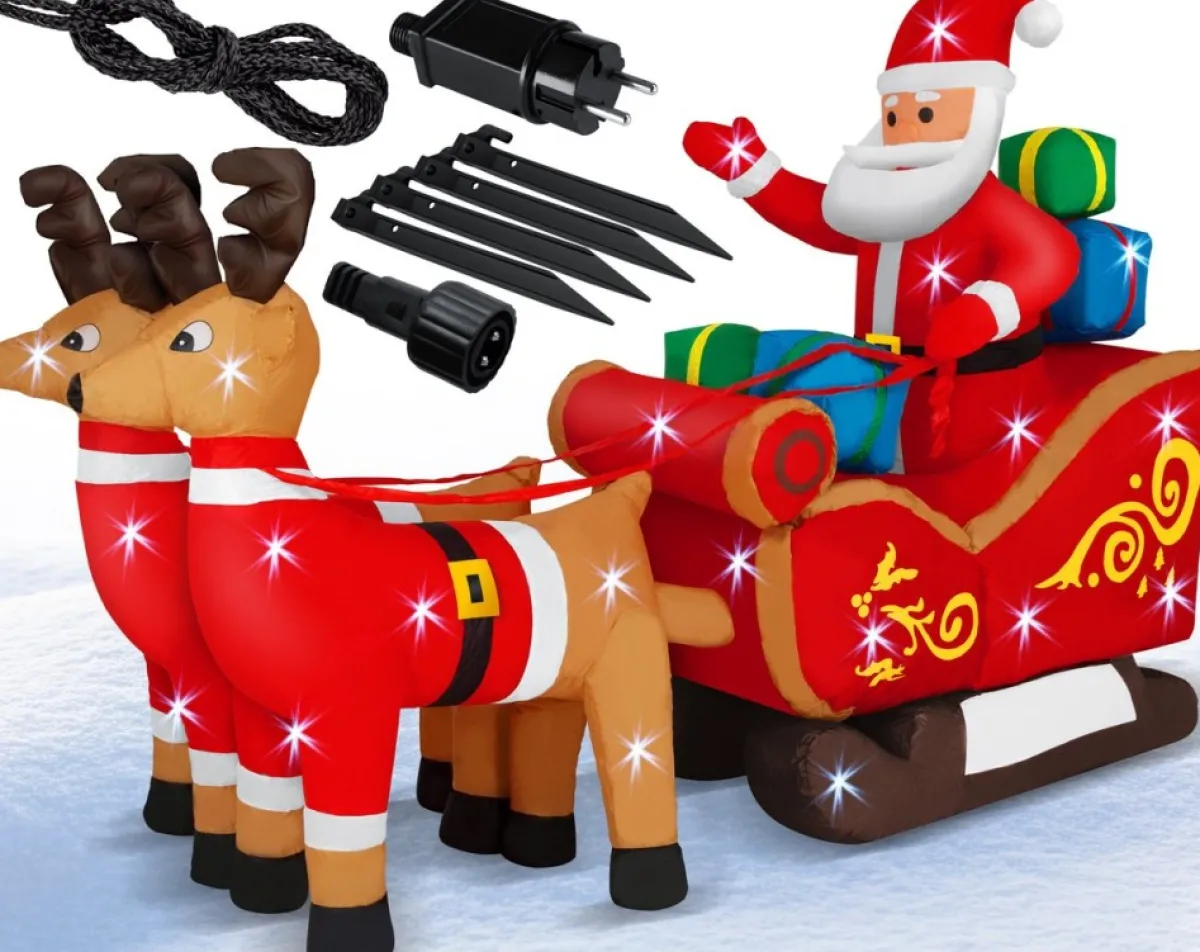 Kesser Kerstbeelden>® Opblaasbare Kerstman Met Slee Xl Led Verlicht - Kerstman Pop Met Rendier Kerstverlichting Incl. Bevestigingsmateriaal Kerstversiering Kerstdecoratie