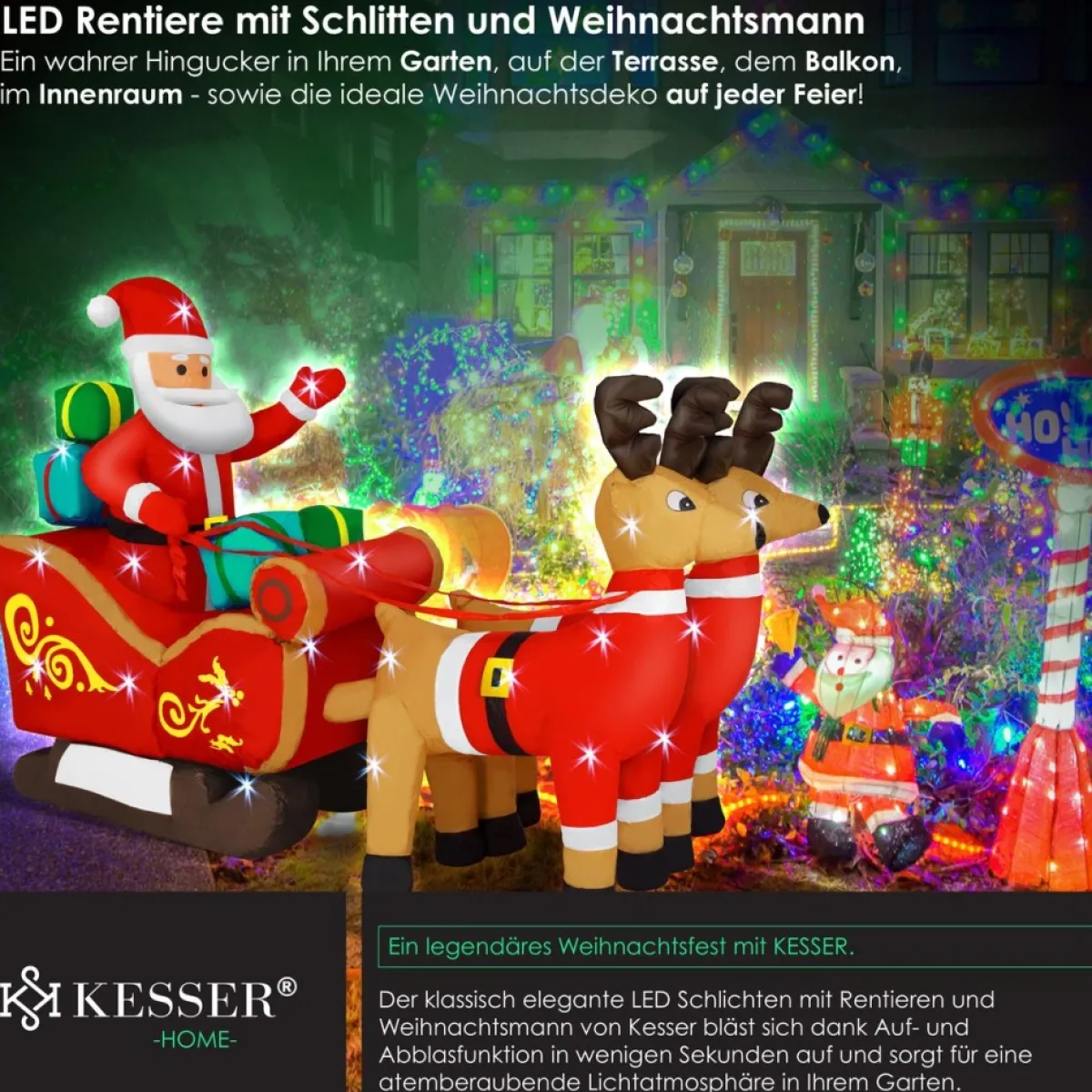 Kesser Kerstbeelden>® Opblaasbare Kerstman Met Slee Xl Led Verlicht - Kerstman Pop Met Rendier Kerstverlichting Incl. Bevestigingsmateriaal Kerstversiering Kerstdecoratie