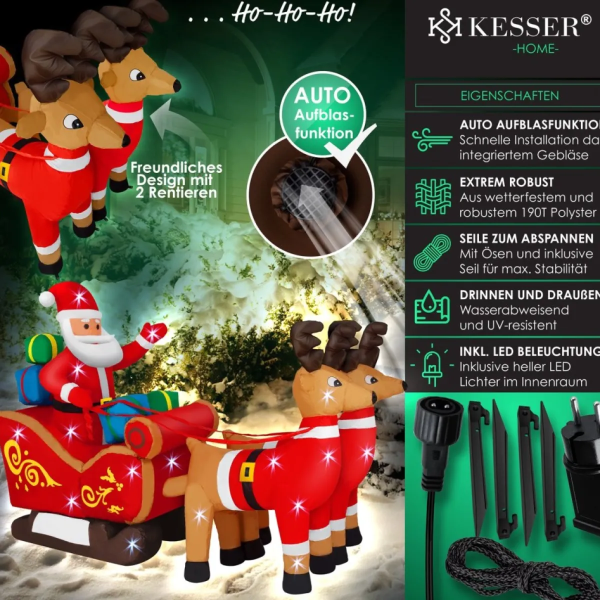 Kesser Kerstbeelden>® Opblaasbare Kerstman Met Slee Xl Led Verlicht - Kerstman Pop Met Rendier Kerstverlichting Incl. Bevestigingsmateriaal Kerstversiering Kerstdecoratie