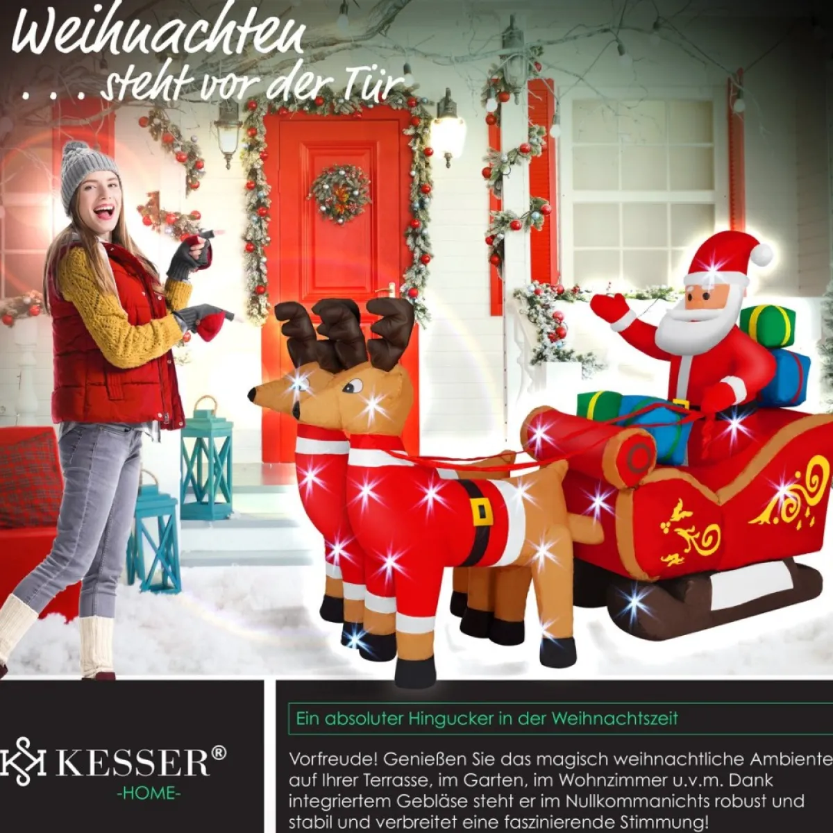 Kesser Kerstbeelden>® Opblaasbare Kerstman Met Slee Xl Led Verlicht - Kerstman Pop Met Rendier Kerstverlichting Incl. Bevestigingsmateriaal Kerstversiering Kerstdecoratie