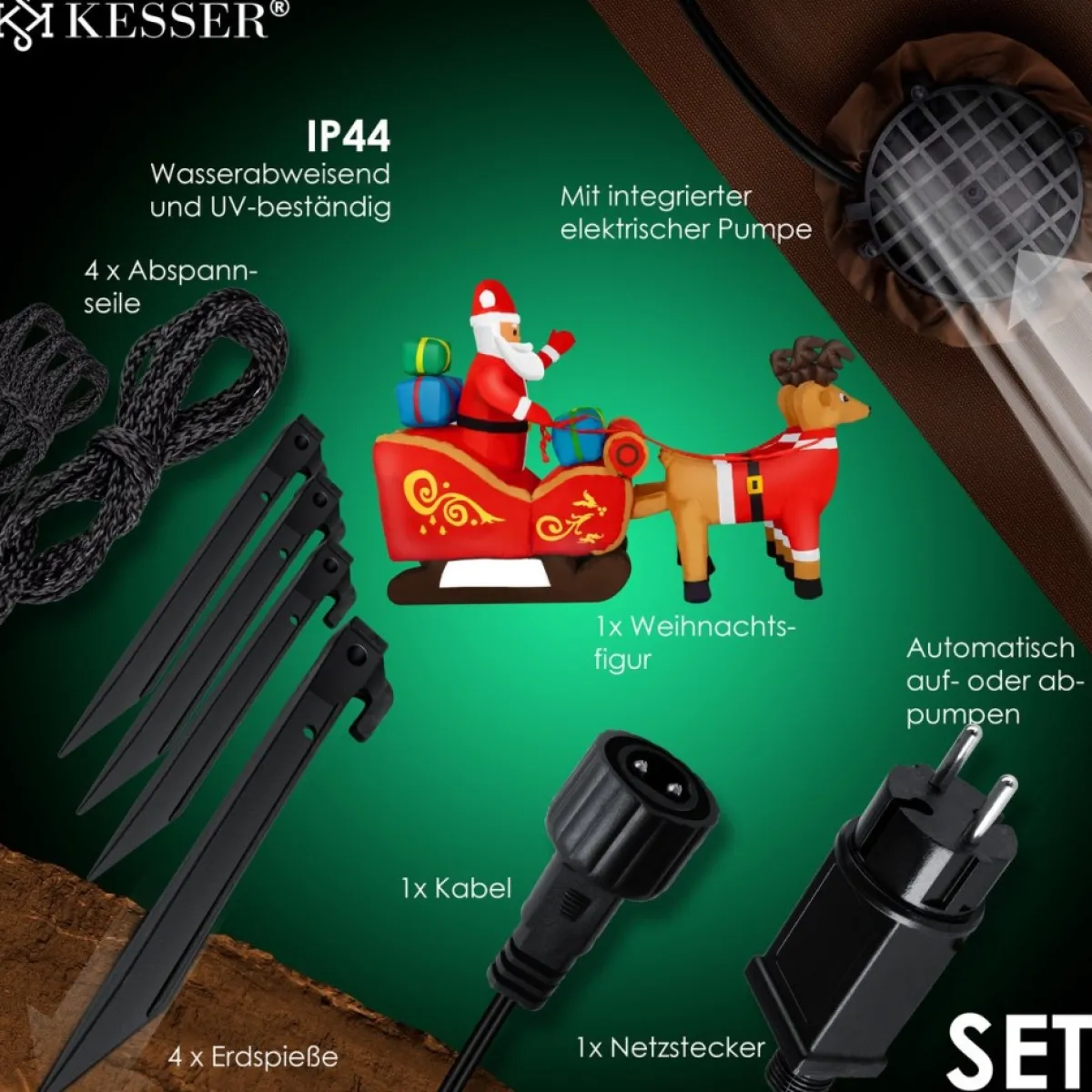 Kesser Kerstbeelden>® Opblaasbare Kerstman Met Slee Xl Led Verlicht - Kerstman Pop Met Rendier Kerstverlichting Incl. Bevestigingsmateriaal Kerstversiering Kerstdecoratie