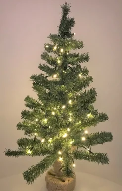 Merkloos Kleine Nep Kerstboom In Jute Zak Inclusief Verlichting 75 Cm - Kleine Kunstbomen/Boompjes Best