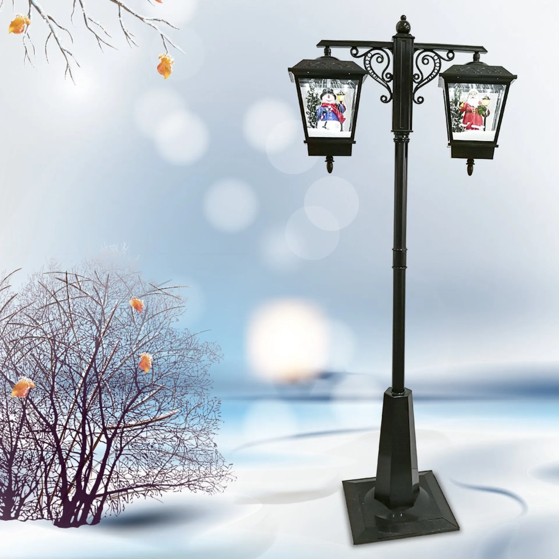 Kristmar Dubbele Musical Kerst Lantaarn Met Sneeuweffect – Kerst Lantaarnpaal Met Muziek En Lichteffecten – Grote Dubbele Lantaarn Met Kerstman En Sneeuwpop – Led - L80Xb40Xh188 Cm – 200/220V – Plastic - Zwart Online