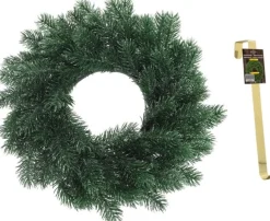 Merkloos Kerstkransen>Kunst Kerstkrans Blauwgroen 35 Cm Met Gouden Hanger - Kerstversiering/Kerstdecoratie Kransen