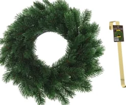 Merkloos Kerstkransen>Kunst Kerstkrans Groen 35 Cm Met Gouden Hanger - Kerstversiering/Kerstdecoratie Kransen
