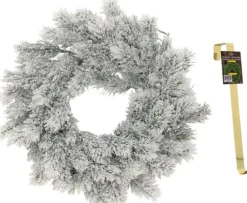 Merkloos Kerstkransen>Kunst Kerstkrans Groen/Sneeuw 35 Cm Met Gouden Hanger - Kerstversiering/Kerstdecoratie Kransen