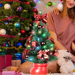 Selwo Kunstkerstboom, 50 Cm, Met Warmwitte En Meerkleurige Lichten En Kleine Rode Ornamenten, Perfecte Kerstdecoratie Voor Tafel En Bureau, Rood Clearance