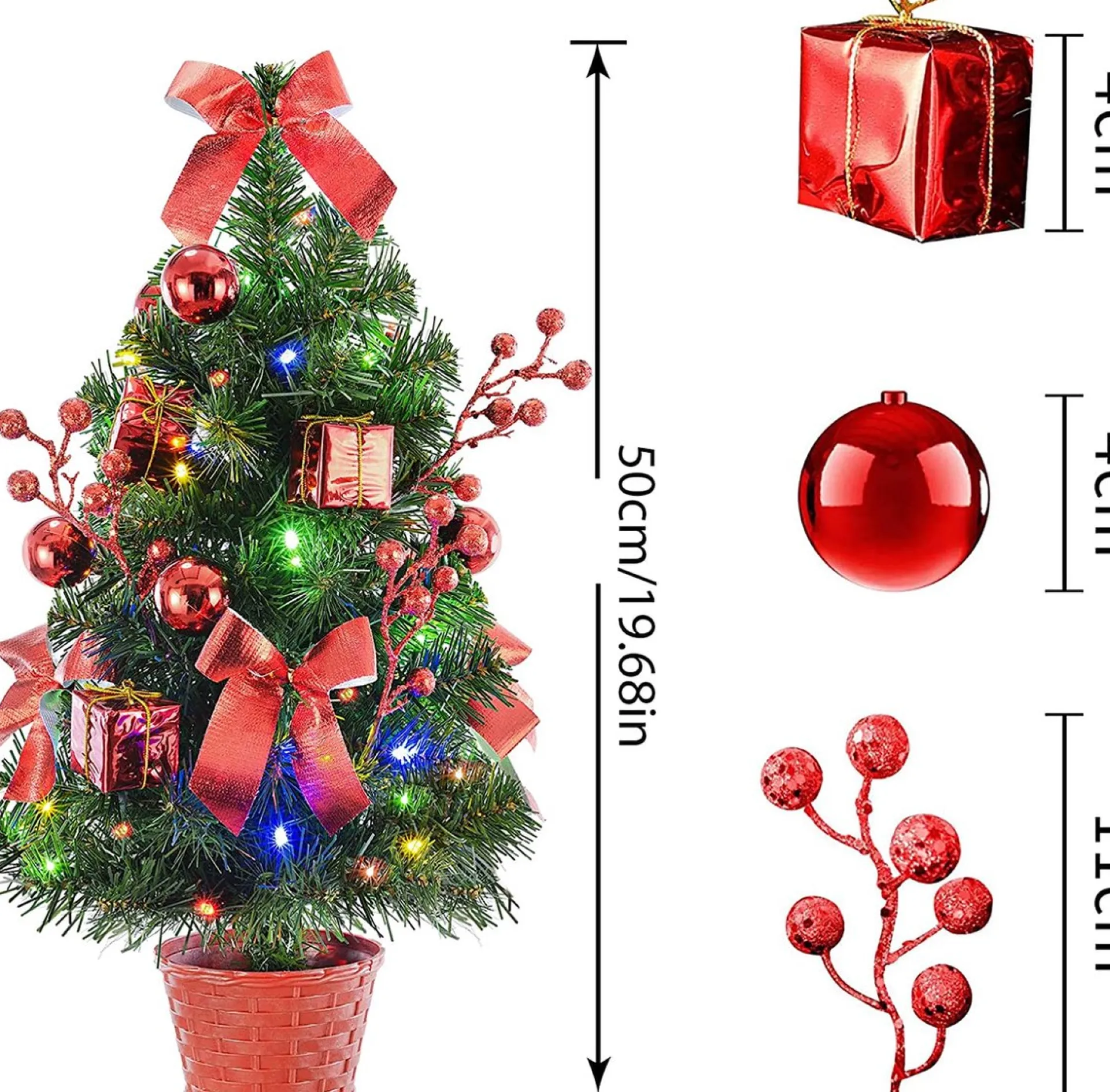 Selwo Kunstkerstboom, 50 Cm, Met Warmwitte En Meerkleurige Lichten En Kleine Rode Ornamenten, Perfecte Kerstdecoratie Voor Tafel En Bureau, Rood Clearance