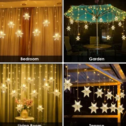 Merkloos Led Lichtgordijn Led Lichtsnoer Led Sneeuwvlokken Kerstverlichting Voor Binnen En Buiten Kerstdecoratie Kerstversiering 96Leds Ip44 8 Modi 3,5M Warm Wit New