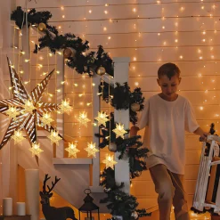 Merkloos Led Lichtgordijn Led Lichtsnoer Led Sneeuwvlokken Kerstverlichting Voor Binnen En Buiten Kerstdecoratie Kerstversiering 96Leds Ip44 8 Modi 3,5M Warm Wit New