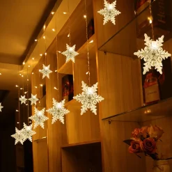 Merkloos Led Lichtgordijn Led Lichtsnoer Led Sneeuwvlokken Kerstverlichting Voor Binnen En Buiten Kerstdecoratie Kerstversiering 96Leds Ip44 8 Modi 3,5M Warm Wit New