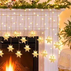 Merkloos Led Lichtgordijn Led Lichtsnoer Led Sneeuwvlokken Kerstverlichting Voor Binnen En Buiten Kerstdecoratie Kerstversiering 96Leds Ip44 8 Modi 3,5M Warm Wit New