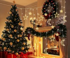 LIXIN Kerstverlichting - Sterren En Maan - Warmwit - Sterrengordijn - Buiten & Binnen - Kerst - Kerststerren - Feest Licht Gordijn - Energie Zuining - Decoratieverlichting - Home Accessories Outlet