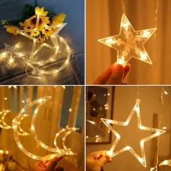 LIXIN Kerstverlichting - Sterren En Maan - Warmwit - Sterrengordijn - Buiten & Binnen - Kerst - Kerststerren - Feest Licht Gordijn - Energie Zuining - Decoratieverlichting - Home Accessories Outlet