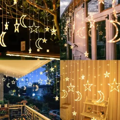 LIXIN Kerstverlichting - Sterren En Maan - Warmwit - Sterrengordijn - Buiten & Binnen - Kerst - Kerststerren - Feest Licht Gordijn - Energie Zuining - Decoratieverlichting - Home Accessories Outlet