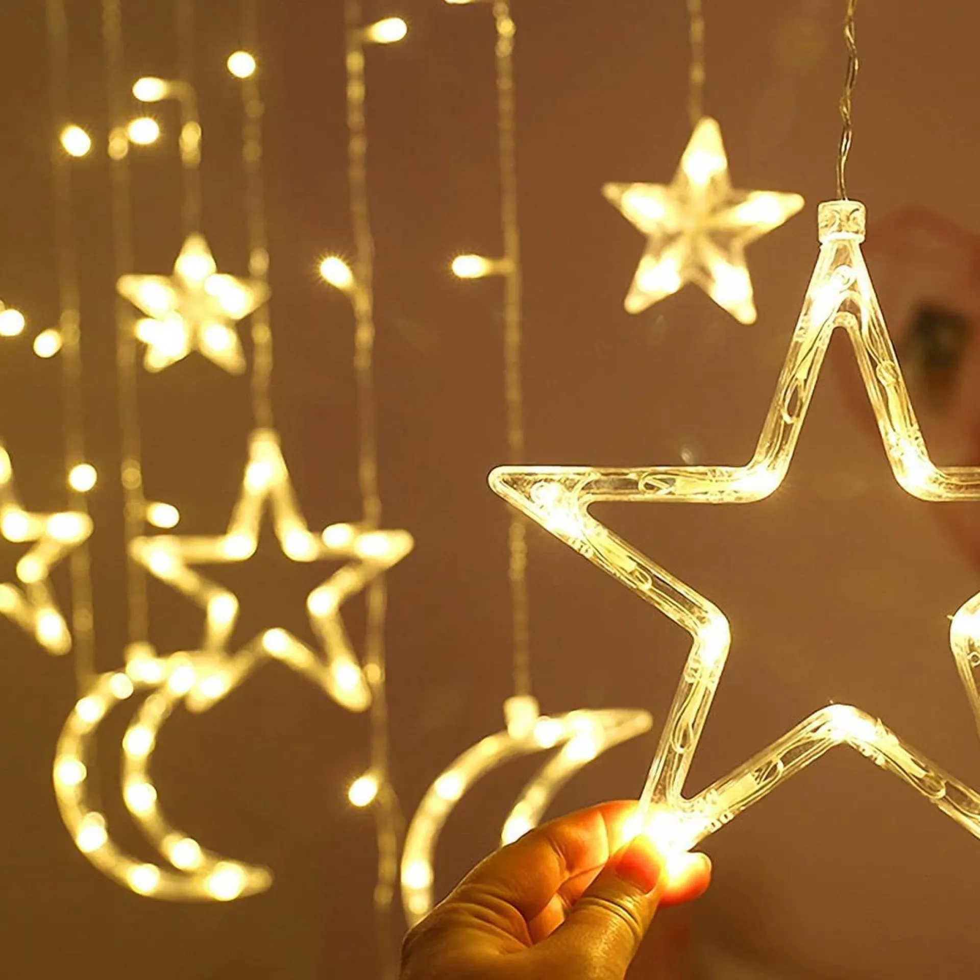 LIXIN Kerstverlichting - Sterren En Maan - Warmwit - Sterrengordijn - Buiten & Binnen - Kerst - Kerststerren - Feest Licht Gordijn - Energie Zuining - Decoratieverlichting - Home Accessories Outlet