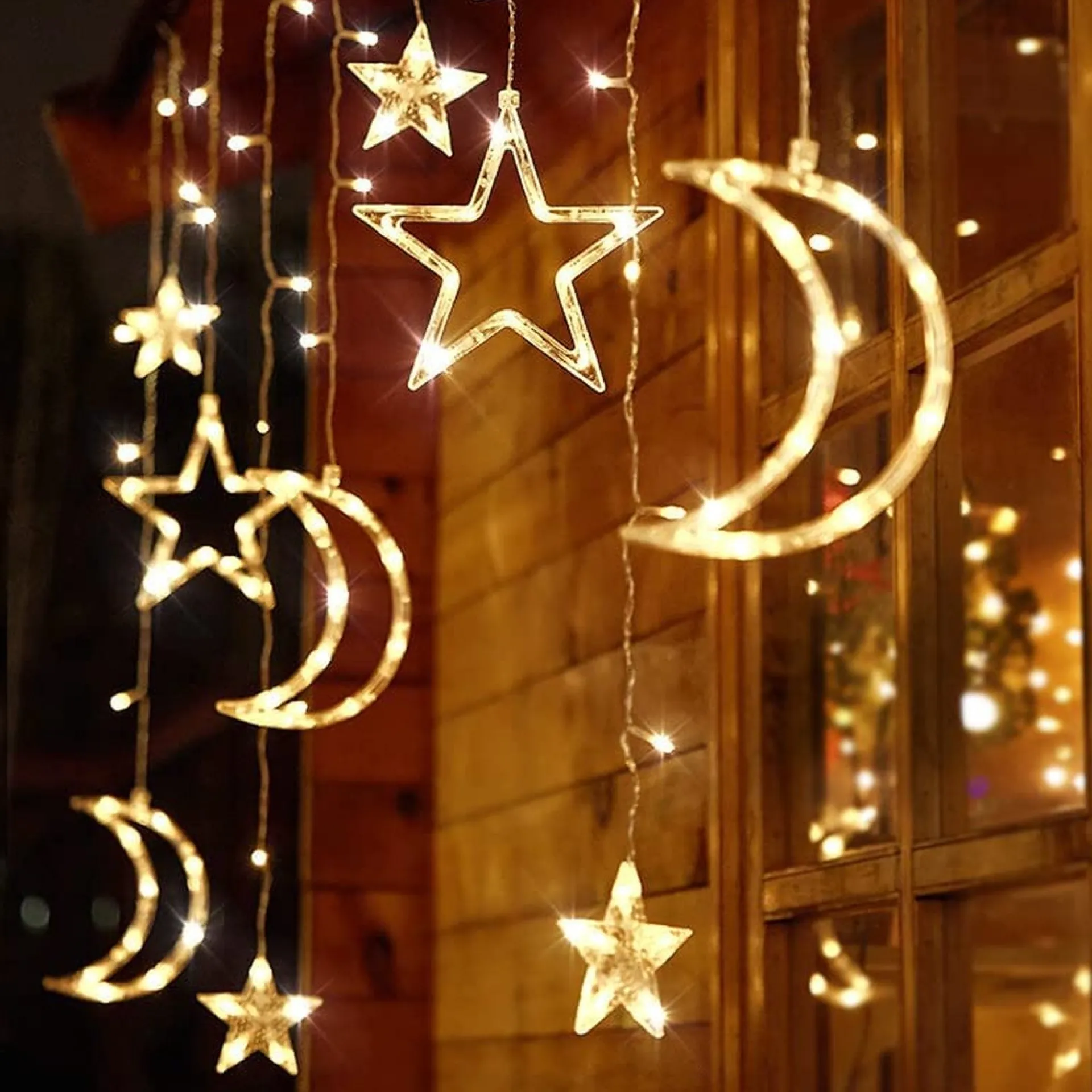 LIXIN Kerstverlichting - Sterren En Maan - Warmwit - Sterrengordijn - Buiten & Binnen - Kerst - Kerststerren - Feest Licht Gordijn - Energie Zuining - Decoratieverlichting - Home Accessories Outlet