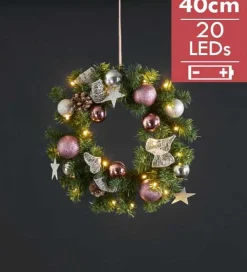 Star Trading Kerstkransen>Luxe Midi Kerstkrans Verlicht "Roze" 40Cm -Lichtkleur: Warm Wit -Werkt Op Batterijen -Met Timer Functie -Kerstdecoratie