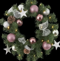 Star Trading Kerstkransen>Luxe Midi Kerstkrans Verlicht "Roze" 40Cm -Lichtkleur: Warm Wit -Werkt Op Batterijen -Met Timer Functie -Kerstdecoratie