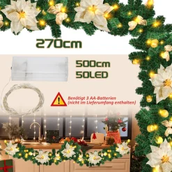 Merkloos 2.7M Kerstguirlande Kerstslinger, Lichtsnoer, Kunstdennenboom, 2,7 M, Led, Werkt Op Batterijen, Voor Muur, Open Haard, Trap, Kerstdecoratie Kleur Bloemen Discount