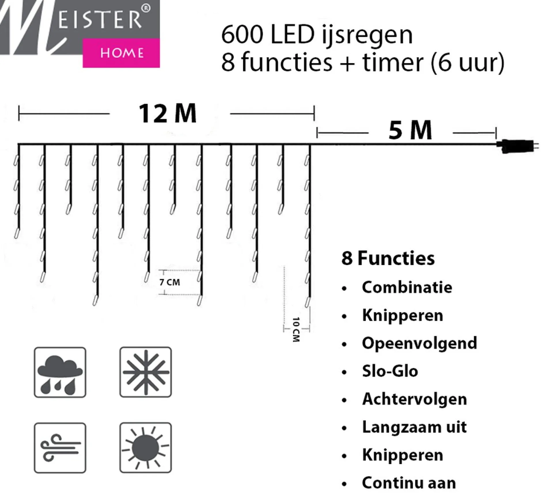 Meisterhome ® Ijsregen Kerstverlichting Lichtgordijn - 12 Meter Ijspegel - 600 Led Warm Wit - Met 8 Functies En Timer - Ijspegelverlichting Buiten Store