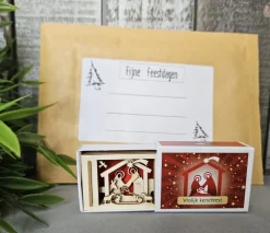 ’merkloos’ Kerststallen>Mini Houten Kerststal In Doosje Inclusief Envelop, Originele Wenskaart Kerst, Cadeau Idee Kerst