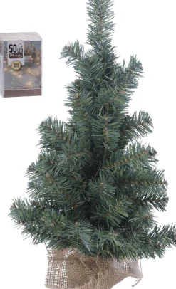 Merkloos Mini Kerstboom 60 Cm In Jute Zak Inclusief 50 Warm Witte Lampjes - Mini Kerstbomen Met Verlichting Best